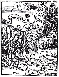 Gregor Reisch, Logic presenteert zijn hoofdthema's. Margarita Philosophica, 1503 of 1508. In de gravure achtervolgen twee honden met de naam veritas (waarheid) en falsitas (leugen) een konijn met de naam problema (probleem). De logica loopt achter de honden, gewapend met het zwaard syllogisme (syllogisme). In de linkerbenedenhoek is de filosoof Parmenides te zien in een grot.