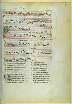 Een vroeg voorbeeld van geschreven muziek: manuscript van een stuk van de middeleeuwse componist Guillaume de Machaut
