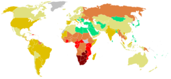 Procentuell andel vuxna som är hiv-smittade per land i slutet av 2005 15-50 % (15-50 personer av 100) 5-15 % (5-15 personer av 100) 1-5 % (1-5 personer av 100) 0, 5-1,0 % (1-2 personer av 200) 0, 1-0,5 % (1-5 personer av 1 000) <0, 1 % (mindre än 1 person av 1 000) Grönland inga uppgifter  