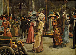 Prato da moda de 1909 mostra londrinos ricos andando em frente ao Harrods