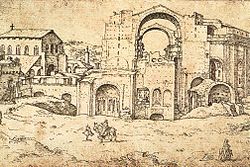 Martin van Heemskerck maakte deze tekening van de nieuwe basiliek in 1536. De resten van de oude basiliek zijn links te zien.