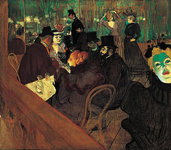 In de Moulin Rouge (1895), een schilderij van Henri Toulouse-Lautrec dat de bruisende en decadente geest van de samenleving tijdens het fin de siècle vastlegt
