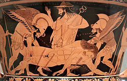 Hermes opazuje, kako Hypnos in Thanatos nosita mrtvega Sarpedona z bojišča pri Troji.