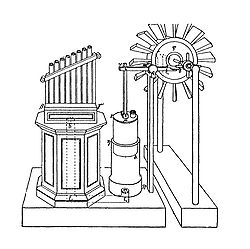 Una moderna ricostruzione dell'organo a fiato e della ruota del vento di Airone di Alessandria