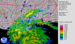 Radarbillede af orkanen Katrina på vej mod sit andet og tredje landfald.