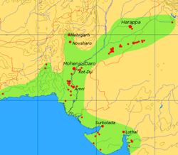 Tamanho e principais locais da civilização do Vale do Indo