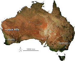 Localização de Jack Hills na Austrália