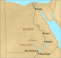 Kaart van het Nassermeer met aanduiding van de locatie van Wadi Halfa