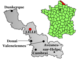 Location of the city of Lille within France and the department of Nord