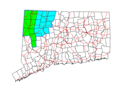 Mapa Connecticut przedstawiająca północno-zachodnie Connecticut na zielono i Wzgórza Litchfield na niebiesko
