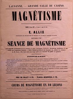 1857年の広告ポスター ："インスタントスリープ。麻痺、部分的および完全なカタレプシー、部分的または完全な引力のその他の効果。フレーノ磁気効果...音楽的エクスタシー...物理的な痛みへの鈍感さと瞬時の覚醒...他の人 への磁力の転送...