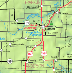 Mapa del KDOT de 2005 del condado de Anderson (leyenda del mapa)  
