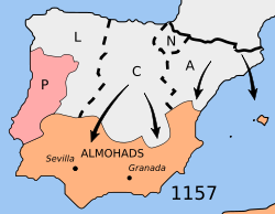 Kartta, jossa näkyy Almohadien hallitsema alue Espanjassa sekä Kastilian (C) ja Aragonian (A) vastahyökkäysten reitit. ((L) León, (P) Portugali, (N) Navarra).  