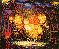 The Rocket by Edward Middleton Manigault. Zobrazuje ohňostroj na řece Hudson v roce 1909. Edward Middleton Manigault (1887-1922) byl modernistický malíř, který se během svého krátkého života (zemřel v 35 letech) prosadil jako malíř, keramik a výrobce nábytku.  