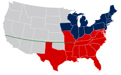 Mapa dos Estados Unidos c. 1849 (fronteiras dos estados modernos), com o paralelo 36°30′ norte - estados escravos em vermelho, estados livres em azul