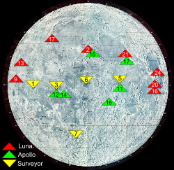 Deze kaart toont de landingsplaatsen van de Surveyor, Apollo en Luna missies