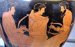 Een schilderij op een Oudgriekse vaas toont een muziekles (ongeveer 510 voor Christus)  