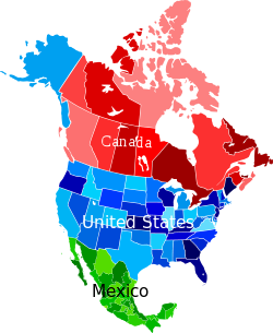 На этой карте Континентальные Соединенные Штаты показаны синим цветом. Аляска также показана синим цветом, но отделена от других штатов. Гавайи на этой карте не показаны.