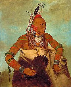 Bojovník kmeňa Osage zo skupiny Wha-sha-she, maľba Georgea Catlina, 1834
