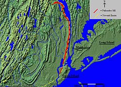 Locatiekaart van de Palisades Sill (rood) binnen het Newark Basin (geel)  
