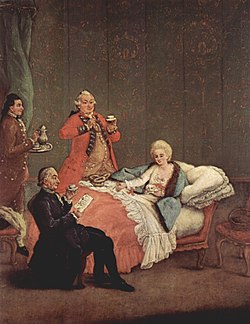 Warme chocolademelk werd al snel een populaire drank voor de hogere klasse na zijn komst naar Europa. De ochtendchocolade door Pietro Longhi; Venetië, 1775-1780