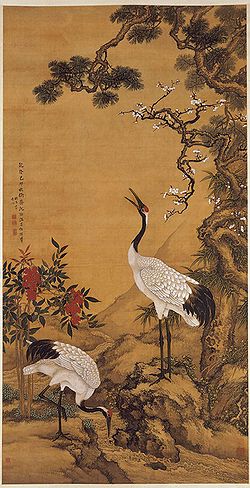 Sosna, śliwa i żurawie, 1759 AD, autorstwa Shen Quan (1682-1760): zwój wiszący, tusz i kolor na jedwabiu. Muzeum Pałacowe, Pekin