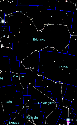 Achernar in het sterrenbeeld Eridanus. Pijl = de positie van Achernar (rechtsonder)