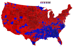 Resultaten per district. Rood is voor Eisenhower (Republikein). Blauw is voor Stevenson (Democratisch).  