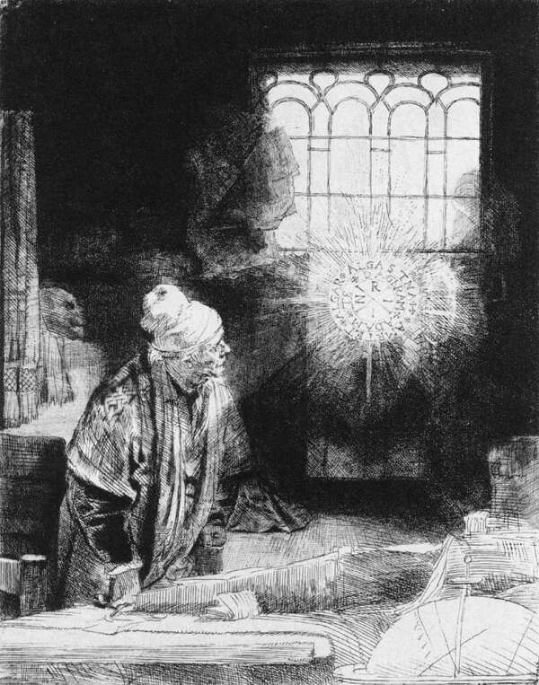Faust in een ets van Rembrandt van Rijn (ca. 1650).