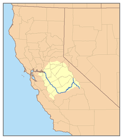 Kaart van de loop van de San Joaquin rivier en zijn zijrivieren