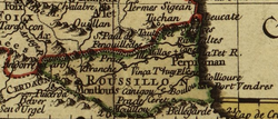 Mapa histórico mostrando Perpignan em Roussillon.