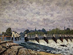 Molesey Weir - Aamu , yksi Sisleyn Englannin-matkallaan vuonna 1874 tekemistä maalauksista.