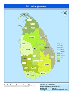 Sri Lankan kartta, jossa näkyvät alueet.  