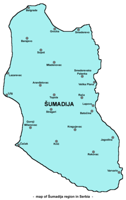 Mapa de la región de Šumadija, incluyendo toda su zona geográfica  
