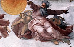 Auringon ja kuun luominen on Sikstuksen kappelin fresko. Sen on tehnyt Michelangelo. Siinä on kuva Jumalasta.  