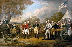 Een schilderij van de overgave van Generaal Burgoyne