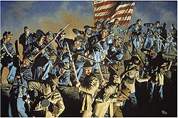 Representação do ataque ao Forte Wagner no quadro A Velha Bandeira Nunca Tocou o Solo