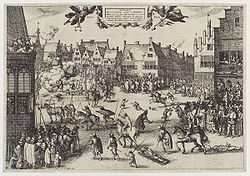 Gravură din secolul al XVII-lea cu membrii complotului prafului de pușcă spânzurați, trași și tranșați în patru.  