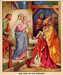 Obrazek z biblijnej historii, przedstawiający Mędrców odwiedzających Dzieciątko Jezus. Obrazki takie zostały wykonane, aby uczyć dzieci w szkółce niedzielnej.