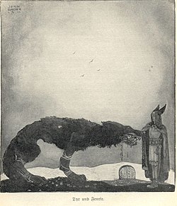 Volgens de Edda, bijt Fenrisulfr de hand van Týr af (John Bauer, 1911)