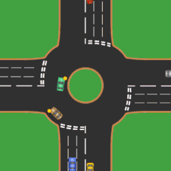 Bewegung innerhalb eines Kreisverkehrs in einem Land, in dem der Verkehr auf der linken Seite fährt. Beachten Sie den Umlauf im Uhrzeigersinn.