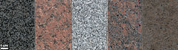 Įvairūs granitai (pjaustyti ir poliruoti paviršiai) Skirtingas spalvas lemia skirtingos mineralų proporcijos.