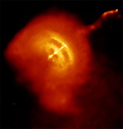 Vela Pulsar, en neutronstjärna som är resterna av en stjärna efter en supernova (en stor explosion av en stjärna). Den flyger genom rymden, drivet av materia som kastas från en av de punkter där neutronstjärnan vänds.
