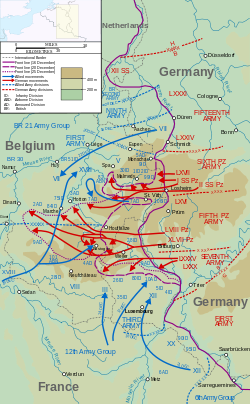 Mapa mostrando o inchaço do "Bulge" à medida que a ofensiva alemã avançava