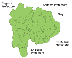 Karta över Yamanashi prefektur.  