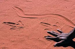 Dessin autochtone sur sable, parc du désert d'Alice Springs