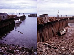 High and low tide at a jetty in the Bay of Fundy