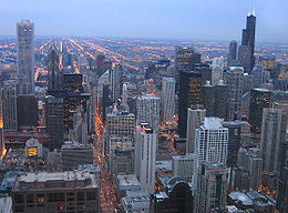 The Loop with skyscrapers seen from the John Hancock Center: on the left the Aon Center with Two Prudential Plaza on the right, on the right behind the Willis Tower