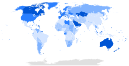 World map with coloured percentage of immigrants per country in 2005