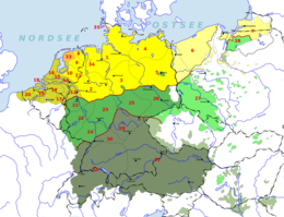 German-Dutch language area with the following major dialectal groups: Low German Former Low German language area. Practically non-existent since 1945/50. Central German Former Central German language area. Practically non-existent since 1945/50. Upper German Former Upper German language area. Practically non-existent since 1945/50. Low Franconian The former German language area in East-Central Europe is shown lightened. Continental West Germanic languages not belonging to the German-Dutch dialect continuum: Frisian